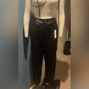 Sanctuary Black Satin Cargo Pants with Ring Belt Detail